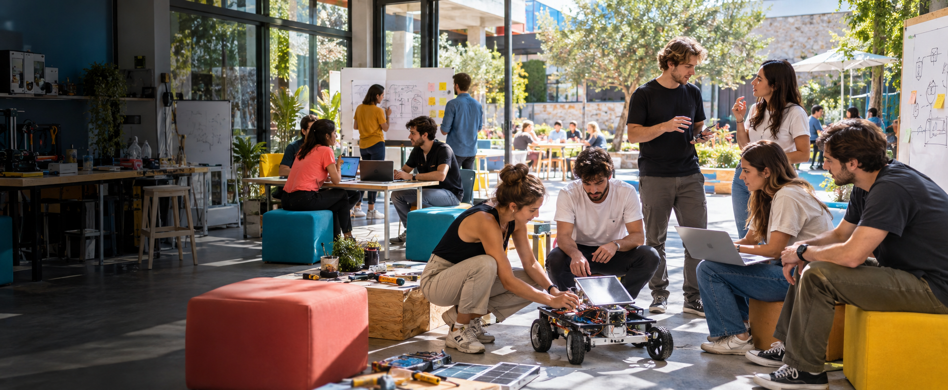 Jóvenes fundadores colaborando en un campus de startups